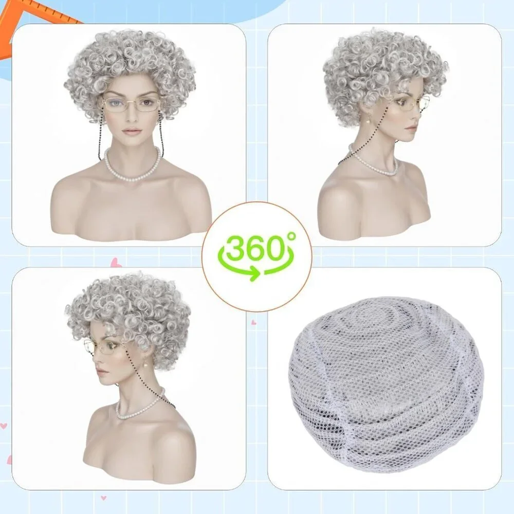 Old Lady Wig Costume Set for Women Gray Hair Granny Cosplay Halloween Party